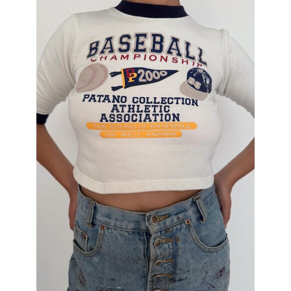 y2K vintage baseball varsity retro graphic boys cotton cropped tee shirt top - Picture 7 of 9